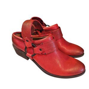 Frye Red Leather Harness Mules Womens 7B Biker Moto Almond Toe Slip On Low Heel